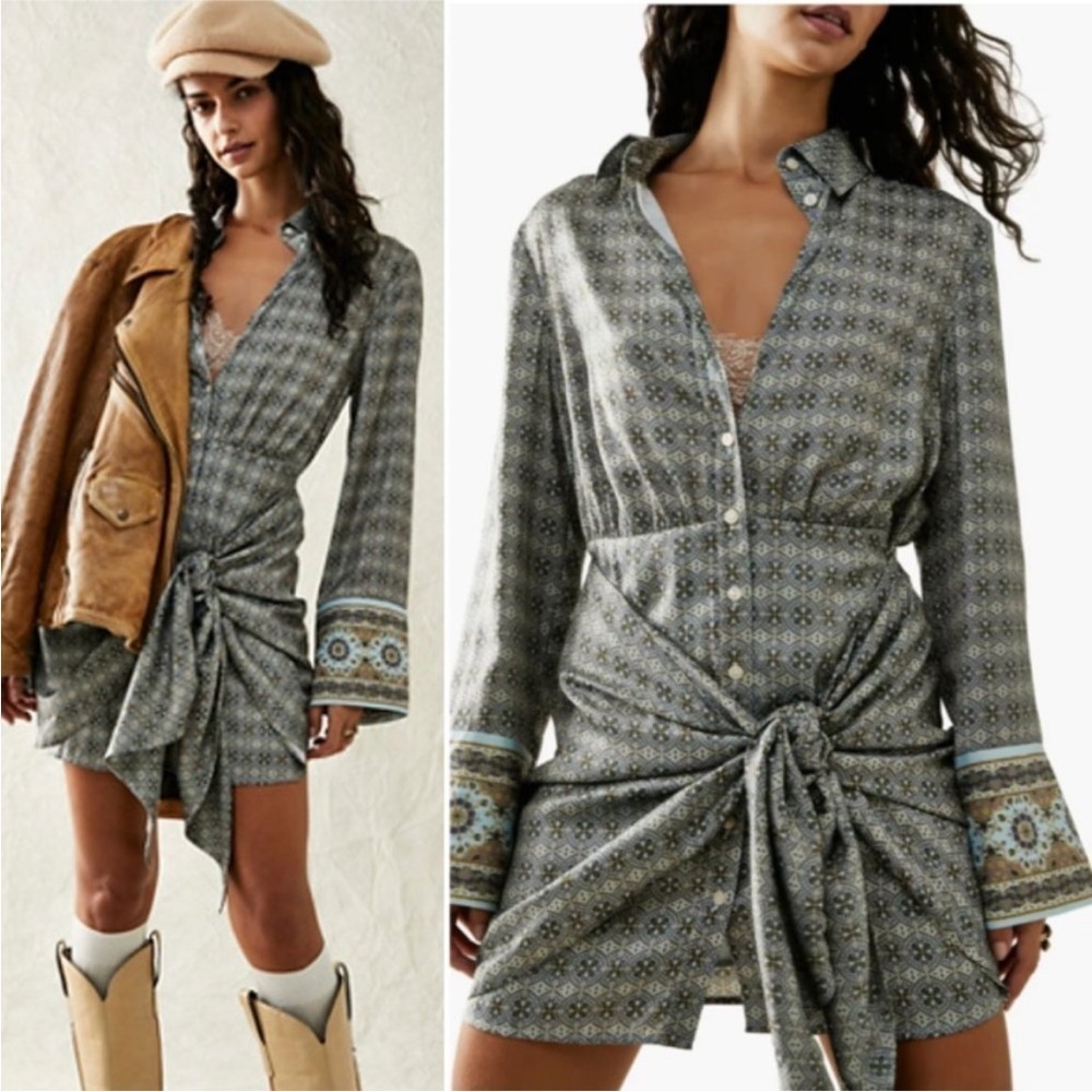 FREE PEOPLE Silky Rillo Print Mini Dress Navy Shirtdress Boho Sarong Wrap XL NEW